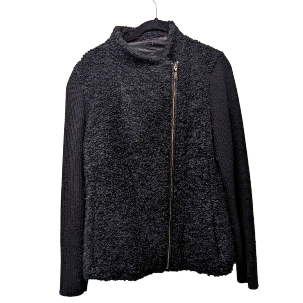 KUNA Black Alpaca Blend Mixed Media Asymmetrical Full Zip Jacket (L) - Picture 2 of 6